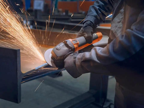 Beefed Up Brushless Angle Grinder With 125Mm Disc And 1500W Motor Variable Speed Cutting Deburring Beast in action cutting metal.