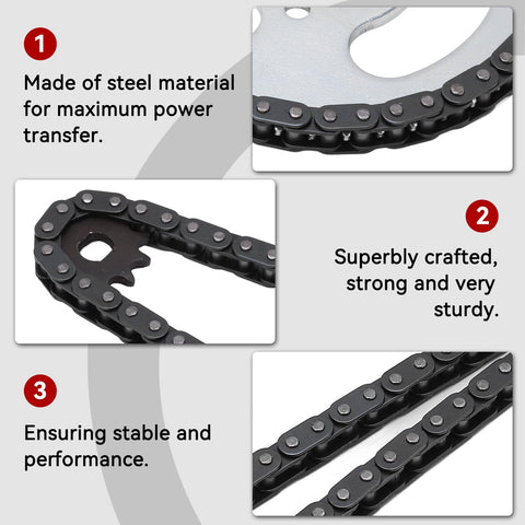 Close-up of Beefed Up High Power Steel T8F Chain And Sprocket Kit showing steel material, chain links, and robust construction for mini bikes and karts.