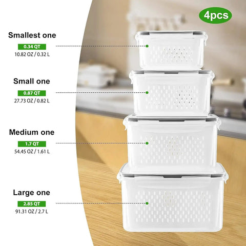 4 Pack Fridge Fruit Storage Containers With Removable Colanders, Airtight Food Saver, Stack of 4 clear containers of various sizes