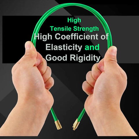21 Feet Fiberglass Fish Tape Cable Rods Kit with glow rods shown flexible between hands highlighting tensile strength