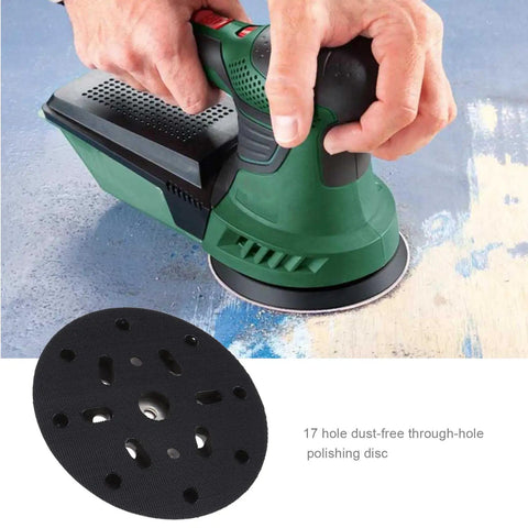 Hands using sander with 6 Inch 17 Hole Sanding Disc Pad For Hook And Loop Backing Sander Replacement Pad, fits Festool RO1 ES150.