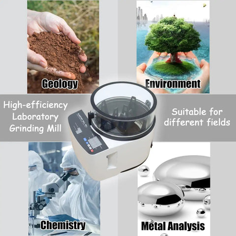 Desktop Planetary Ball Mill Grinder 110V 150W High Speed Pro Grade Lab Grinder with images of geology, environment applications.