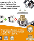 Instructions for All-In-One Grommet Tool Kit With 1200 Metal Eyelets And Washers showing correct buttonhole alignment with pliers for proper use.