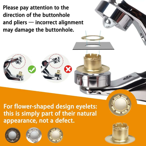 Instructions for All-In-One Grommet Tool Kit With 1200 Metal Eyelets And Washers showing correct buttonhole alignment with pliers for proper use.