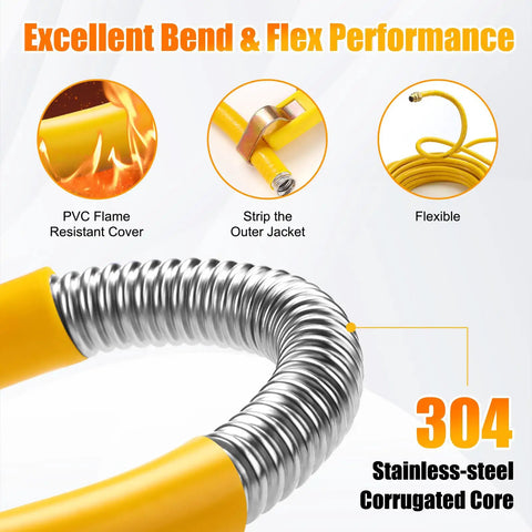 Half Inch CSST Gas Line For Natural Gas And Propane Flexible Corrugated Stainless Steel Tubing With PVC Jacket Brass Fittings Included Gas Pipe For Grills Heaters Stoves And Generators Thirty Three Feet Built To Last showing stainless steel tubing and yellow PVC jacket detail