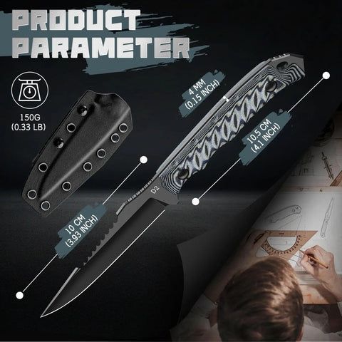 Beast Fixed Blade Knife With D2 Steel Blade And Toothed Spine For Outdoors dimensions and sheath illustrated.