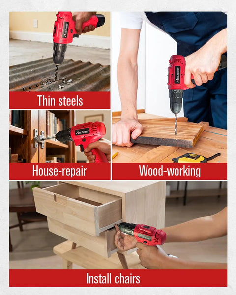 12V Cordless Drill Kit With 3/8 Inch Keyless Chuck, 1400 RPM for thin steels, house repair, woodworking, and chair installation
