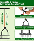 Manual Lawn Aerator Tool With 15 Iron Spikes And Adjustable Height Double Layer Spring for easy soil loosening and cleanup.