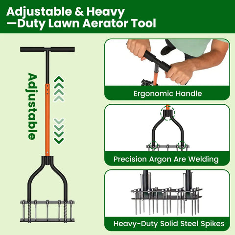 Manual Lawn Aerator Tool With 15 Iron Spikes And Adjustable Height Double Layer Spring for easy soil loosening and cleanup.