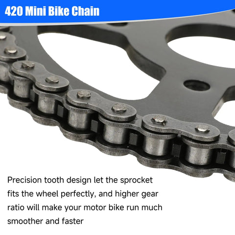 Close-up of a 420 mini bike chain and sprocket with precision tooth design for smooth performance.
