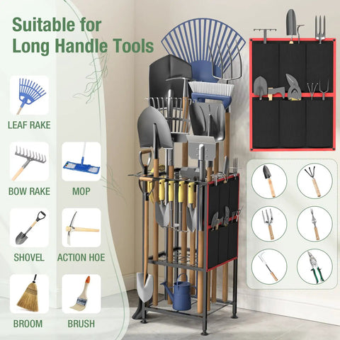 Metal Yard Tool Organizer With Side Pocket And Six Pockets Holds 50 Long Handled Tools, rakes, brooms in garage or shed