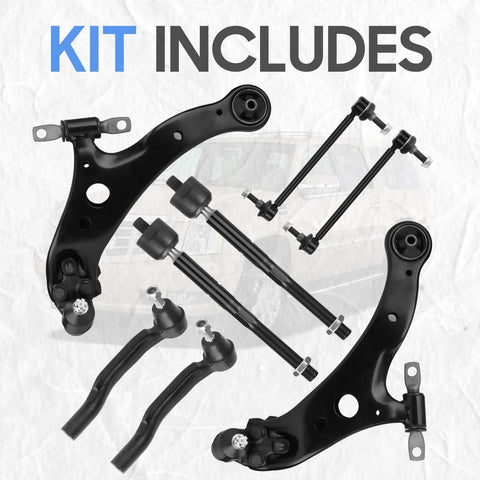 Front view of 8-piece suspension kit with black front lower control arms, ball joints, and tie rods for 2004-2010 Toyota Sienna