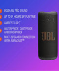 Grip Compact Bluetooth Speaker With Bold Pro Sound And Ambient Light, IP68 Water Dust Proof, Pink, shown with features.