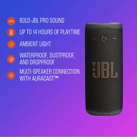 Grip Compact Bluetooth Speaker With Bold Pro Sound And Ambient Light, IP68 Water Dust Proof, Pink, shown with features.