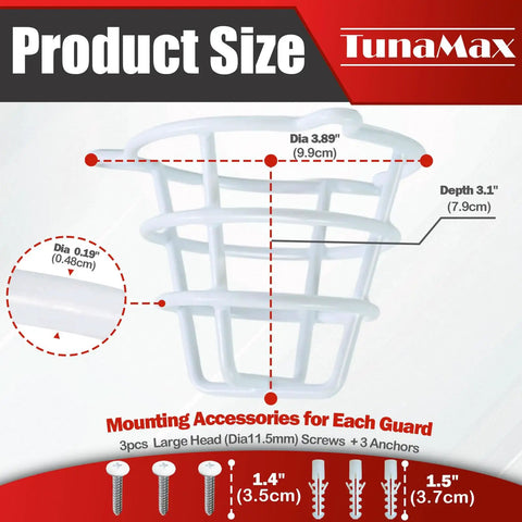 Product size details of Straight Up Heavy Duty White Sprinkler Cage Guards Designed To Block Accidental Hits on pipes.