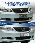 Car with unbreakable license plate covers, impact resistant ABS protectors before and after, clear shield for all weather protection