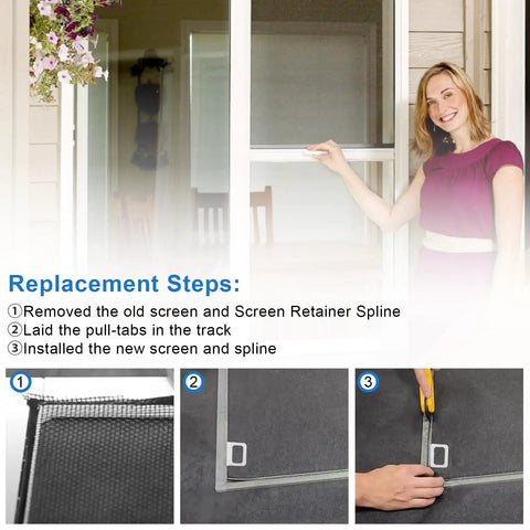 Woman installing Clear Window Screen Pull Tabs 20 Pack Flat Spline Repair Clips for quick swap home fix.