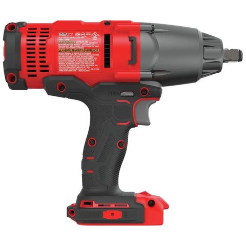 Side view of Beast Half Inch Cordless Impact Wrench Bare Tool with hog ring anvil, variable speed, red and black design.