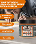 Premium Wood Lubricant Paste Wax That Unsticks Stubborn Drawers And Cabinet Slides With Application Brush in a clear jar.