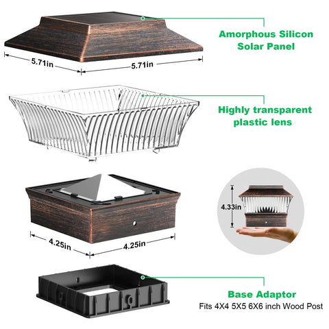 Outdoor Solar Post Lights Led Deck Fence Cap Lighting For 3.5x3.5 To 6x6 Wood Posts Bronze Finish 4 Pack exploded view
