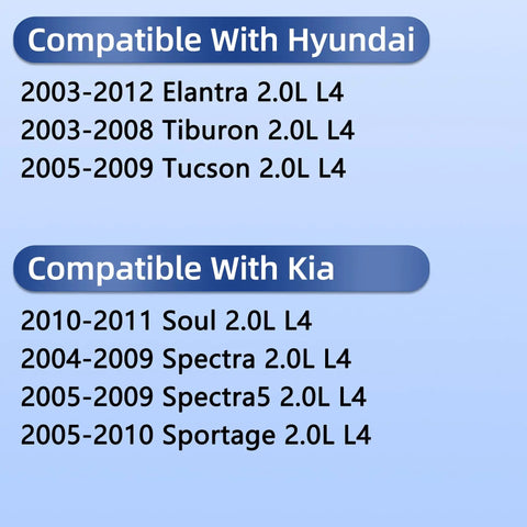 Compatibility chart for Engine Valve Cover Gasket Set for Hyundai Elantra, Tiburon, Tucson and Kia Soul, Spectra, Spectra5, Sportage.