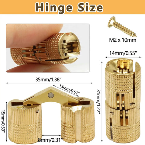Four Pack Premium Solid Brass Construction 14mm Brass Barrel Hinges dimensions with screw and detailed structure
