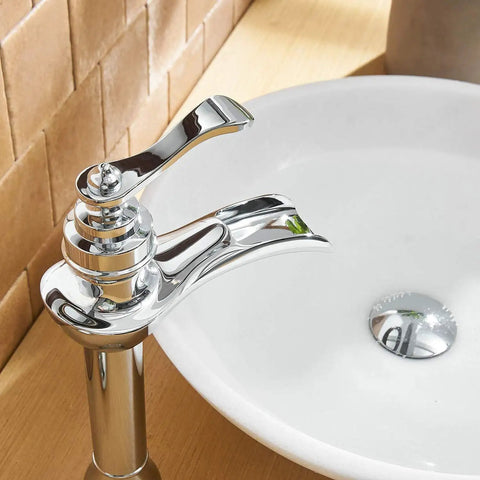 Chrome Vessel Sink Faucet With Waterfall Spout Pop Up Drain Supply Hose And Single Handle Lavatory Mixer Tap For Tall Body Bathroom Setup Slick Solid Brass Build With Ceramic Cartridge For Leak Free Performance