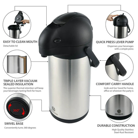 Stainless Steel Thermal Carafe Airpot Large Beverage Dispenser with Triple Wall Vacuum Insulation Keeps Coffee Tea Water Hot