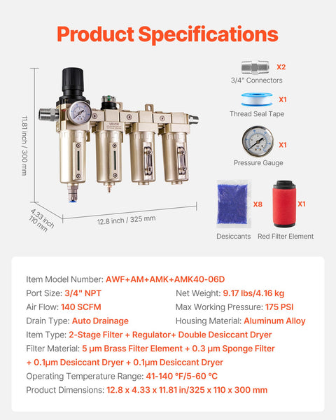 All-In-One Air Compressor Filter Regulator With Four-Stage Filtration And Desiccant Dryer specifications and components