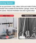 Before and after use of Heavy Duty Mop And Broom Organizer Cart Stand For Garage And Shop, Laundry Cleaning Tool Caddy With 20 Pole Clips