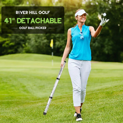 Person holding an Aluminum Alloy Golf Ball Retriever 3 Piece Kit With 41.3 Inch Reach Storage Bag Holds 25 Balls Rust Resistant Shagger