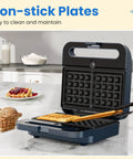 Royalcraft 3-In-1 Electric Sandwich Maker Waffle Grill And Panini Press With Non-Stick Removable Plates 1000W Power Blue showing non-stick plates.