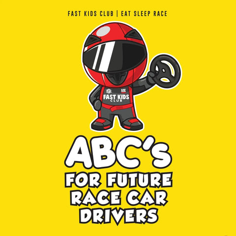 Future Race Car Driver Alphabet Fun For Gearhead Kids A To Z Board Book Teaching Car Parts Wheels Engines And Auto Terms With Colorful Illustrations A Hands On Learning To Read Adventure For Toddlers And Preschoolers. Yellow book cover with cartoon race driver