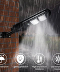 Super Bright 200W Solar Street Lights Outdoor With Motion Sensor Dusk to Dawn Waterproof Flood Lights in rain on wall