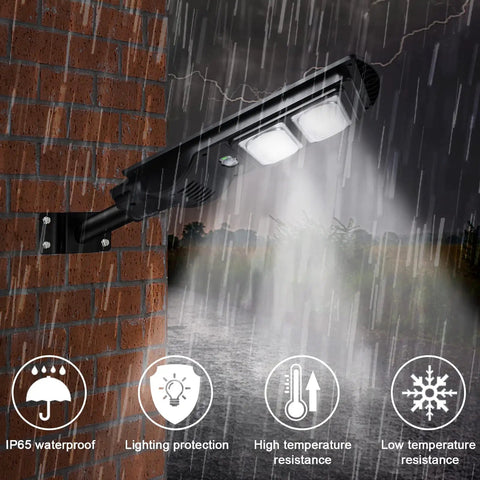 Super Bright 200W Solar Street Lights Outdoor With Motion Sensor Dusk to Dawn Waterproof Flood Lights in rain on wall