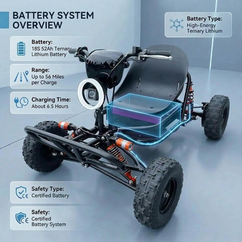 Battery system overview of Rugged 72V Adult Electric Off Road Go Kart With Mid Motor Power, 3kW, 52Ah lithium battery shown