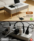 Slick Flush Mount Recessed Floor Outlet Box With Flat Hidden Socket Kit Featuring Top Shield Tamper Proof Receptacles PD Type C Ethernet Ports and Quick Charge Gear on a coffee table with connected devices.