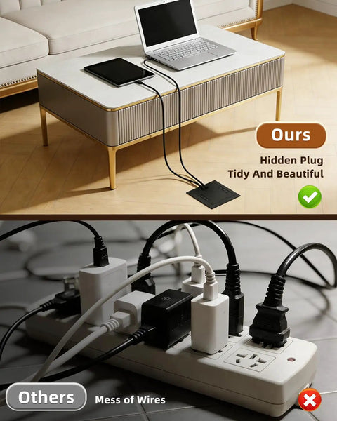 Slick Flush Mount Recessed Floor Outlet Box With Flat Hidden Socket Kit Featuring Top Shield Tamper Proof Receptacles PD Type C Ethernet Ports and Quick Charge Gear on a coffee table with connected devices.
