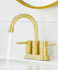 Gold Finish Bathroom Faucet With Dual Handles 360 Degree Rotating Stainless Steel Vanity Lavatory Sink Mixer Lead Free Modern Design Double Handle Commercial Style For Bathroom Sink Easy Operation And Clean Look, installed on white sink