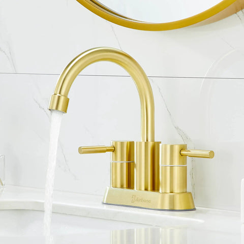 Gold Finish Bathroom Faucet With Dual Handles 360 Degree Rotating Stainless Steel Vanity Lavatory Sink Mixer Lead Free Modern Design Double Handle Commercial Style For Bathroom Sink Easy Operation And Clean Look, installed on white sink