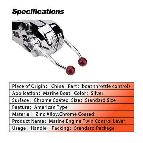 Universal Twin Lever Boat Throttle And Shift Control Top Mount With Beefy Zinc Alloy Dual Handles, chrome finish and specs.