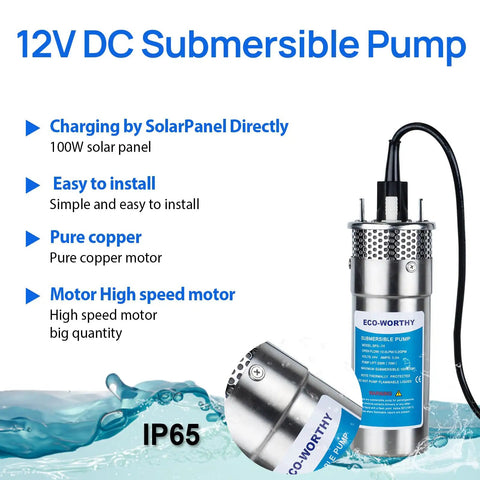 Image of a 12V DC Submersible Deep Well Pump With 3.2 GPM Max Flow And 230 Ft Max Head, Solar Or Battery Powered For Well Water use.