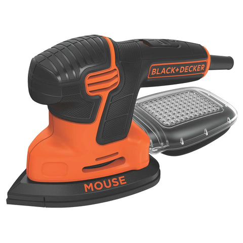 Pro Grade Detail Sander With 1.2 Amp Motor 16,000 OPM Compact Corded Power shown with comfort grip and dust collector
