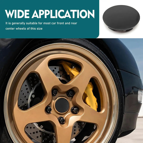 Street Ready Wheel Center Caps 4 Pack Rust Proof Hub Covers No Sweat Snap In Anti Drop Rim Medallions Tough Steel Bracket Universal Slick Black Car Truck Bling Setup close-up on black car rim with gold spokes and black center cap