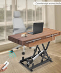 Heavy Duty Electric Lift Table With 250 Lb Capacity Single Scissor Design Foldable Hydraulic Platform Includes Remote Control For Easy Material Transport And Adjustable Height Between Small And Big Jobs with laptop and coffee.