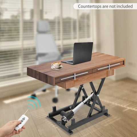 Heavy Duty Electric Lift Table With 250 Lb Capacity Single Scissor Design Foldable Hydraulic Platform Includes Remote Control For Easy Material Transport And Adjustable Height Between Small And Big Jobs with laptop and coffee.