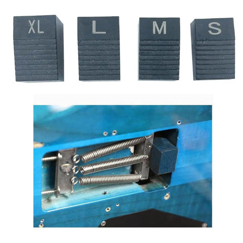 Dope Vintage Style Tremolo Setup Blocks and Bridge Shims for Strat Tele Electric Guitars, Precision Float Adjusting Tools displayed with sizes XL, L, M, S.