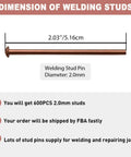 2.0mm Stud Welding Pins For Car Dent Puller Repair Kit Set Of 600 Copper Coated Iron Pins, pin dimensions shown, ideal for thin sheet metal.