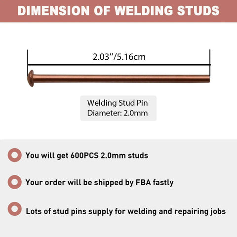 2.0mm Stud Welding Pins For Car Dent Puller Repair Kit Set Of 600 Copper Coated Iron Pins, pin dimensions shown, ideal for thin sheet metal.