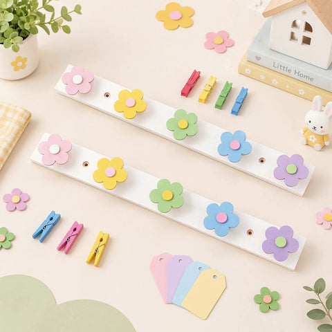 Tot Approved Flower Shaped Kids Coat Rack 2 Piece Wall Hook Set Rainbow Colors with floral designs for kids storage.
